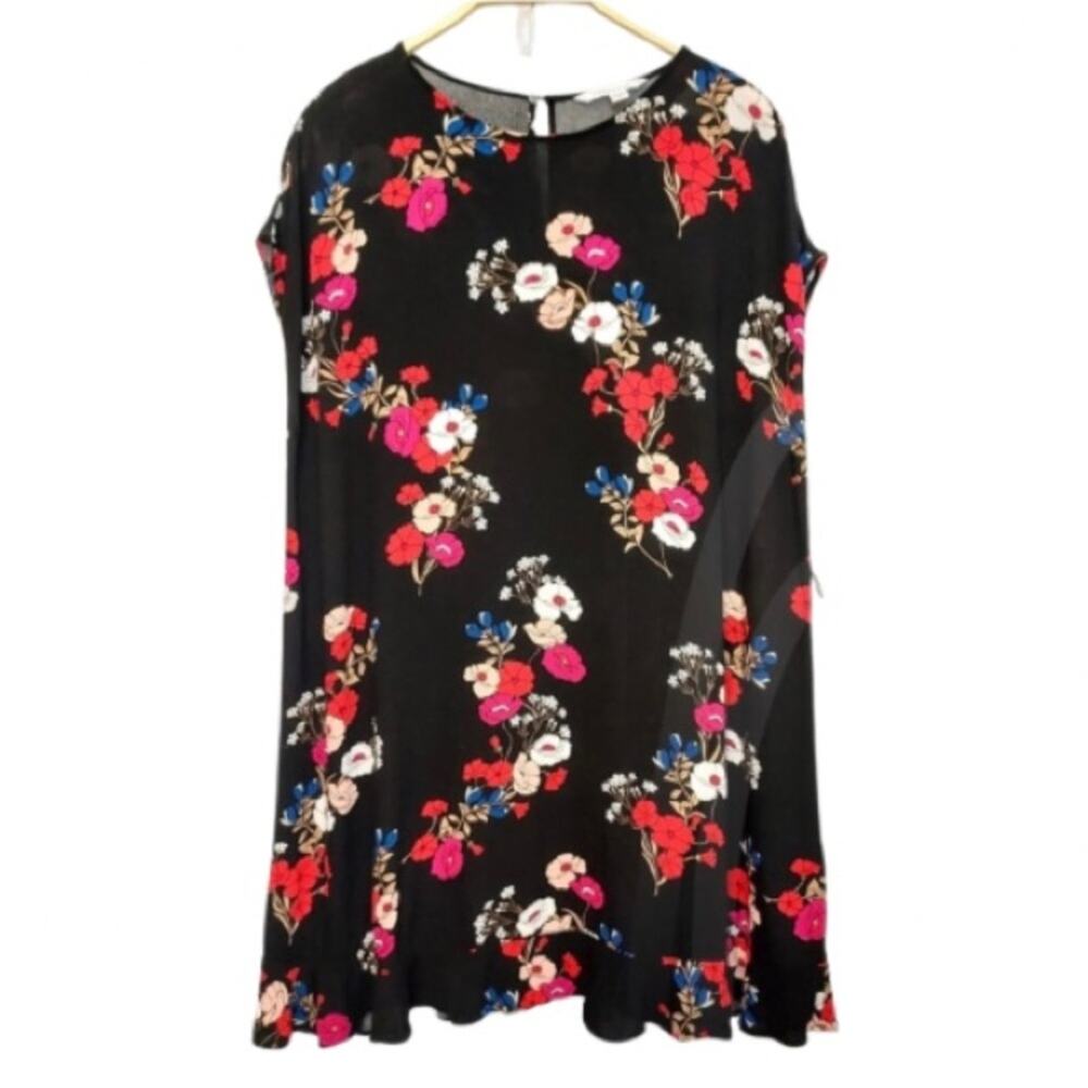 Popsugar Black Red Pink Multicolor Floral Flowy Tunic Tent Cap Sleeves Dress XXL